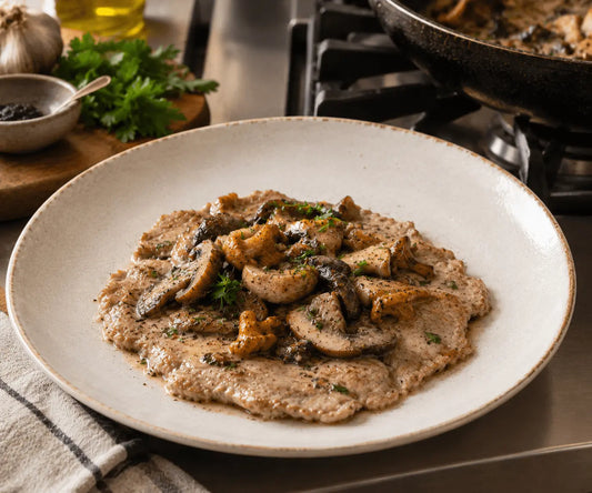 Scaloppine ai funghi con cremina all'aglio nero