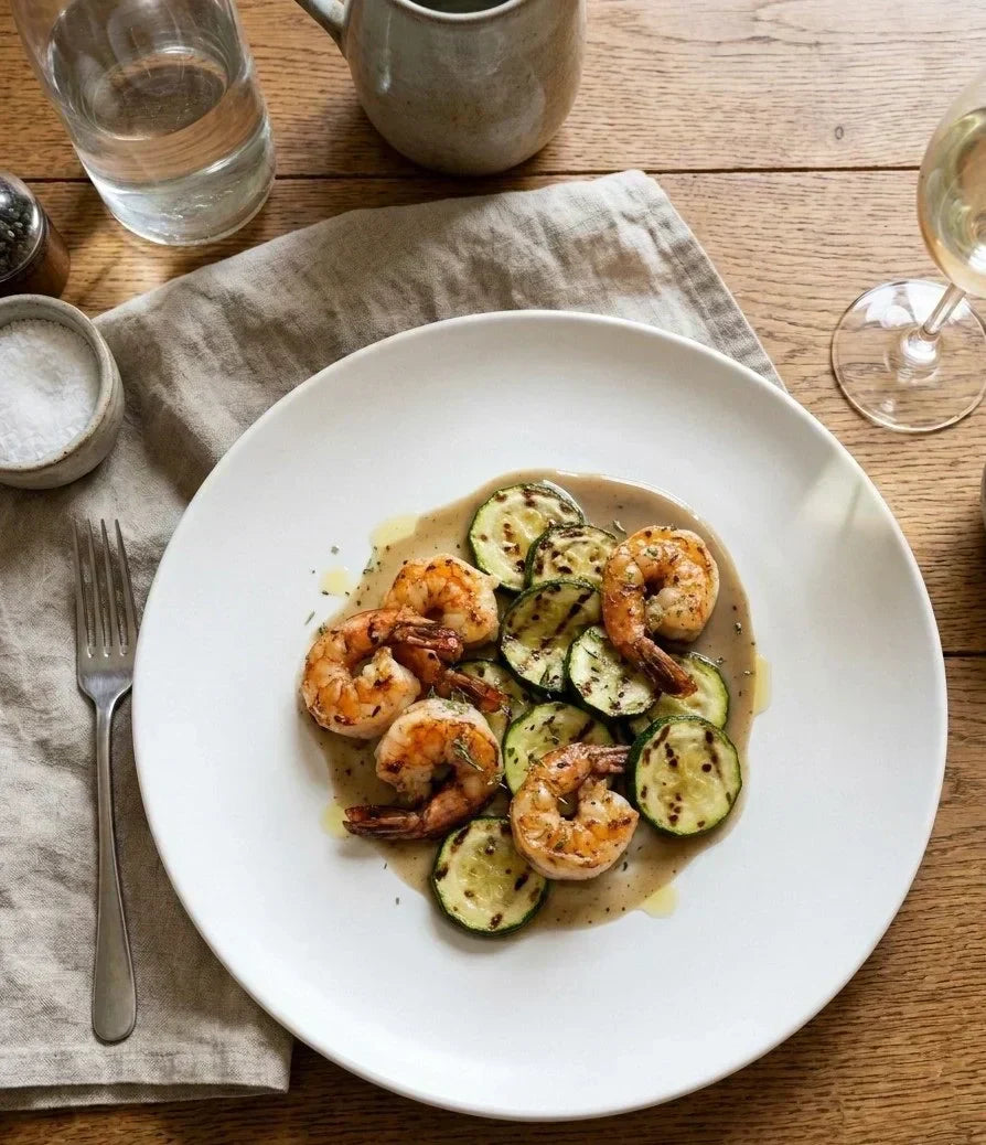 Gamberi scottati, zucchine marinate e cremina di aglio nero