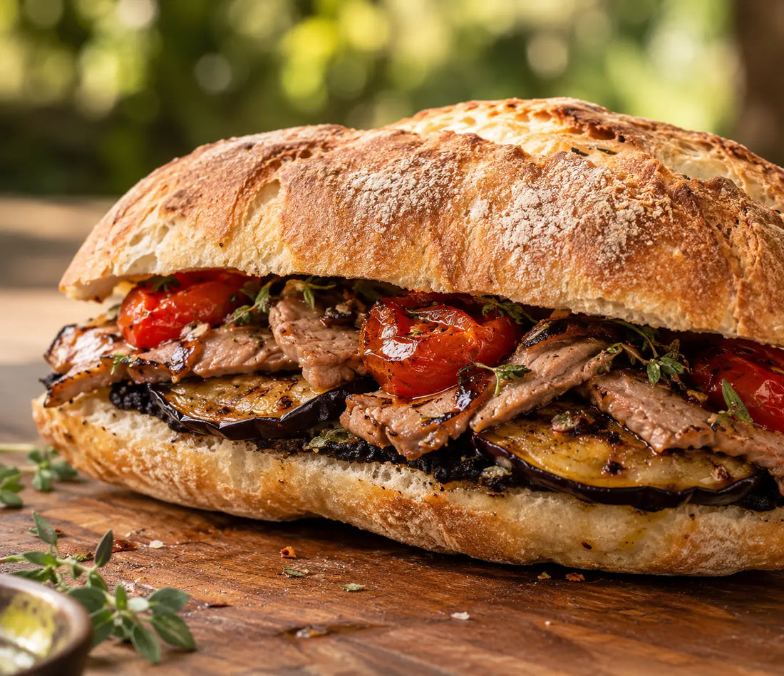 Panino rustico con crema di aglio nero, melanzane e pomodorini alla griglia