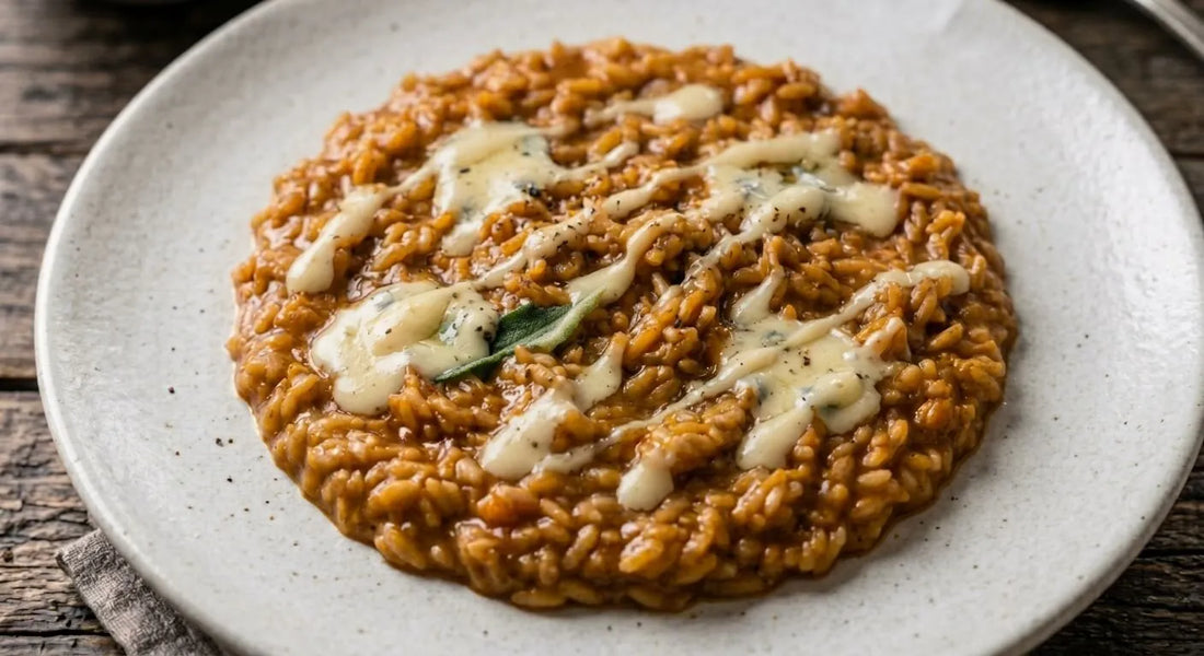 Risotto zucca, gorgonzola e aglio nero