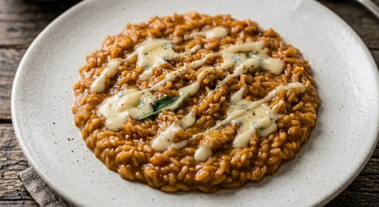Risotto zucca, gorgonzola e aglio nero