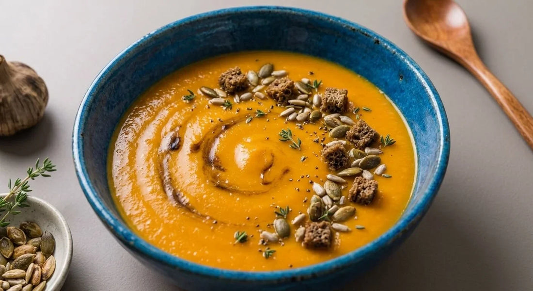 Vellutata di zucca, semi e aglio nero